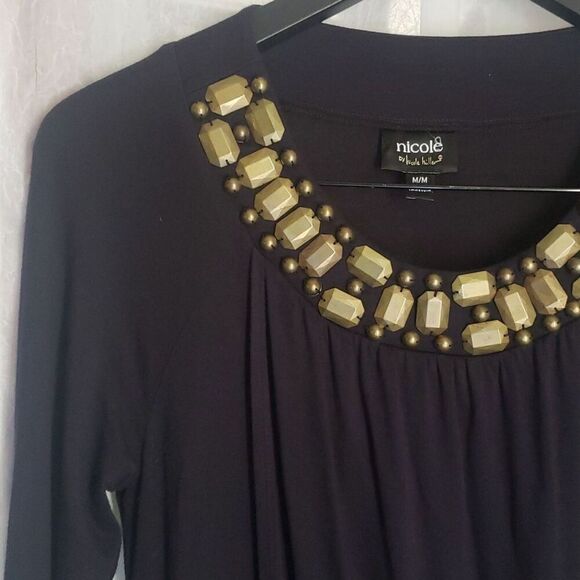 Nicole Miller Shirt Top Size M Black 3/4 Sleeve Layered Front Gold Embellishment - Picture 6 of 13